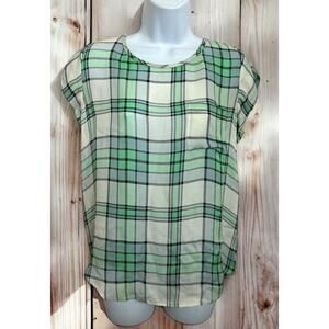 Joie Green Plaid Blouse Sz Small 100% Silk Green Cap Sleeve Top Round Hem